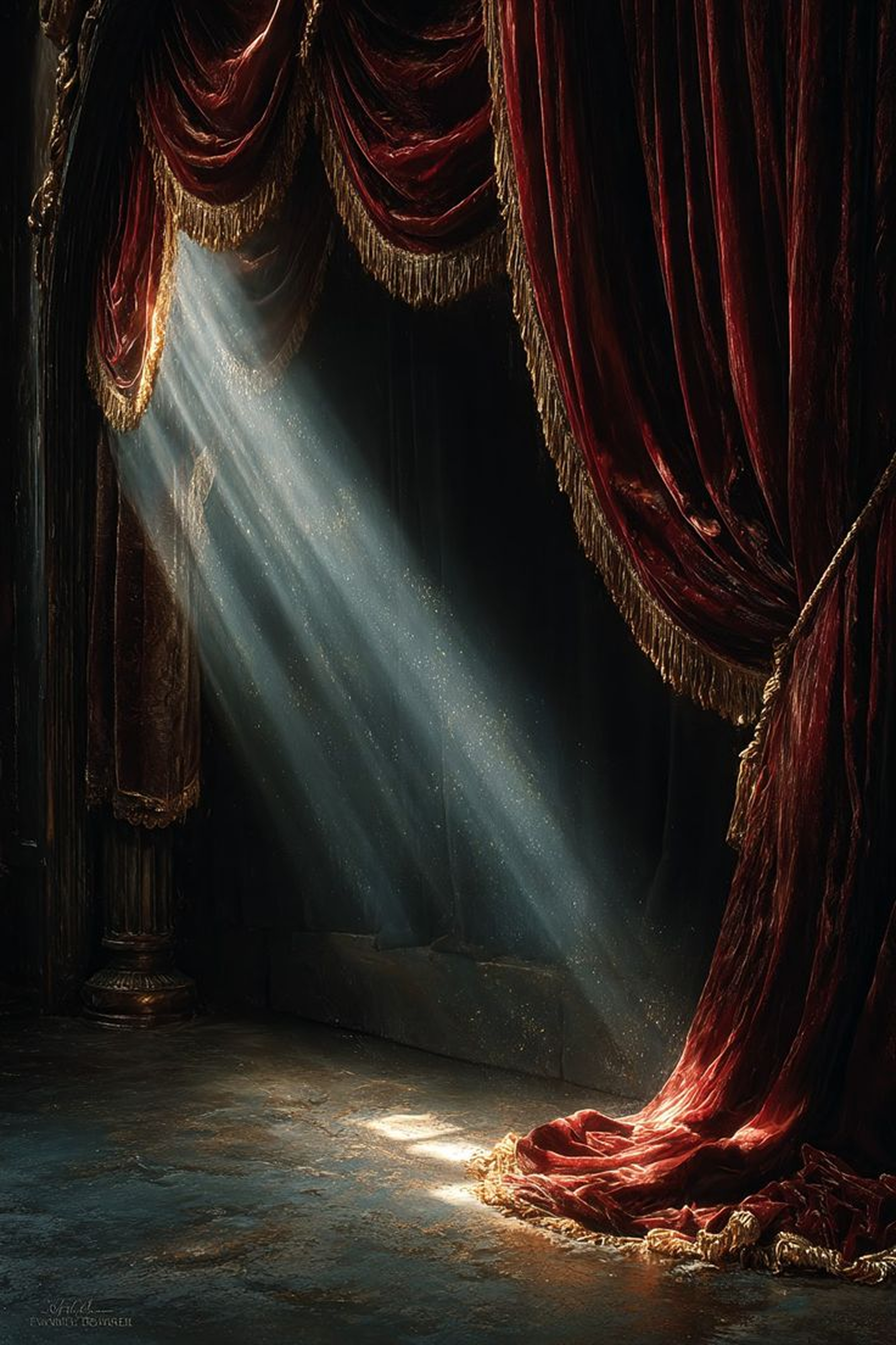 heavy dark red velvet stage curtains falling into deep shadows with a single gold thread visible
